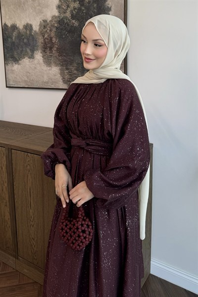 Simli Tül Tencel Elbise Mürdüm