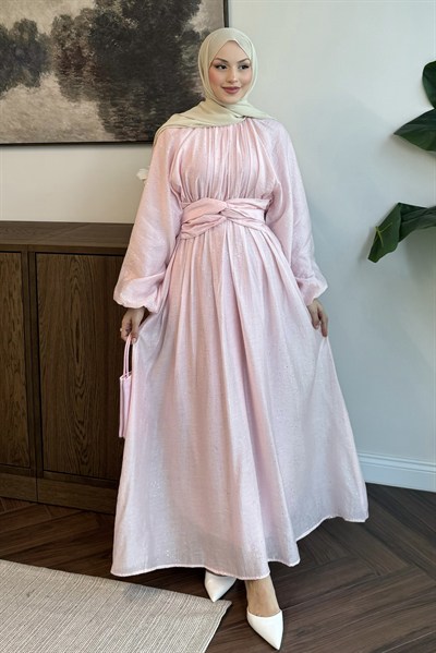 Simli Tül Tencel Elbise Pembe