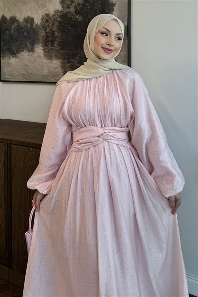 Simli Tül Tencel Elbise Pembe