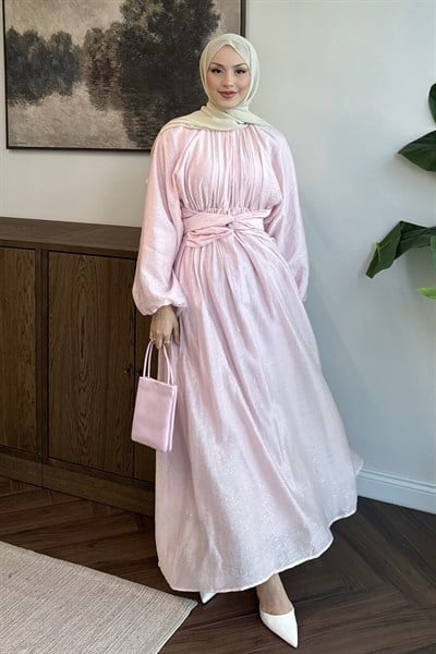 Simli Tül Tencel Elbise Pembe