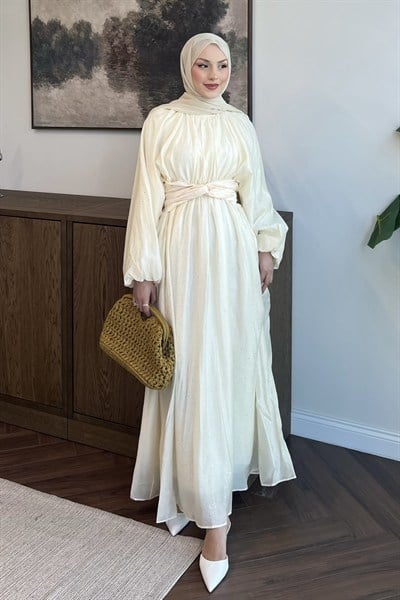 Simli Tül Tencel Elbise Sarı