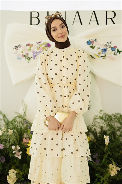 Sümeyye Şahinin Tercihi Puantiyeli Lotus Kuşaklı Elbise Butter Yellow
