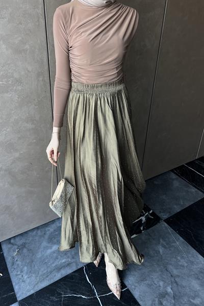 Taşlı Kraş Saten Etek Yağ Yeşili