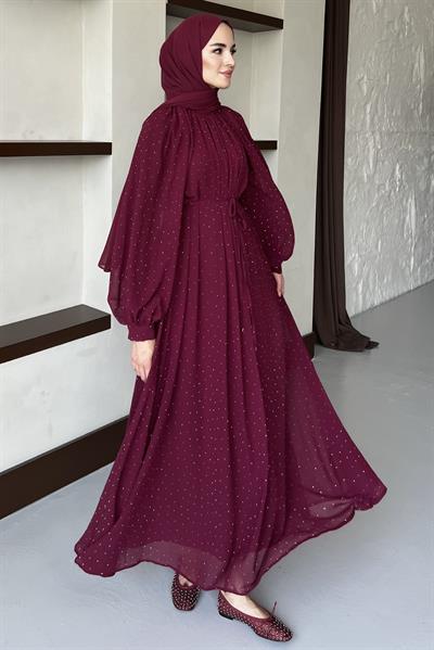 Taşlı Şifon Elbise Bordo