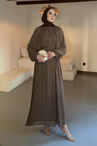 Taşlı Şifon Elbise Cappuccino