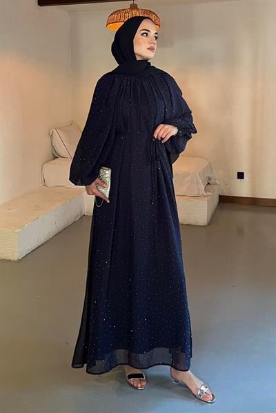 Taşlı Şifon Elbise Lacivert