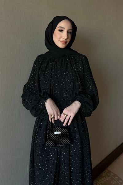 Taşlı Şifon Elbise Siyah