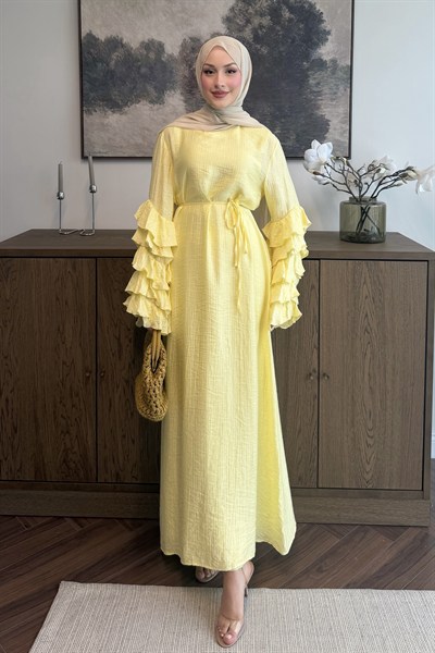 Volanlı Tül Tensel Elbise Butter Yellow