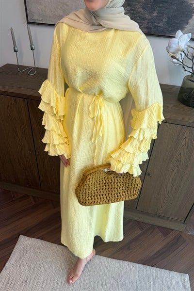 Volanlı Tül Tensel Elbise Butter Yellow