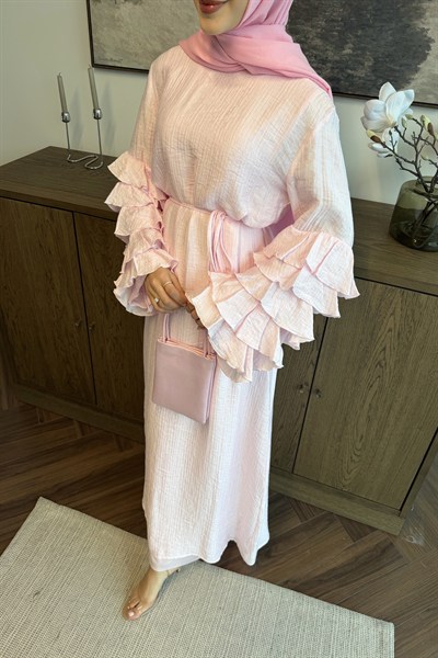 Volanlı Tül Tensel Elbise Soft Pembe