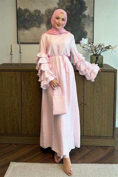 Volanlı Tül Tensel Elbise Soft Pembe