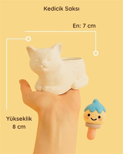 Kedicik Seramik Saksı | Boyanabilir El Yapımı Beton Tozu Obje