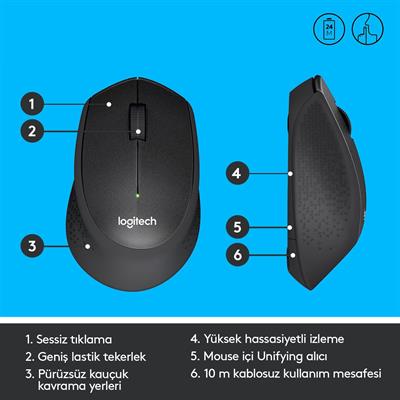 LOGITECH M330 SESSİZ KABLOSUZ USB OPTİK MOUSE SİYAH 910-004909