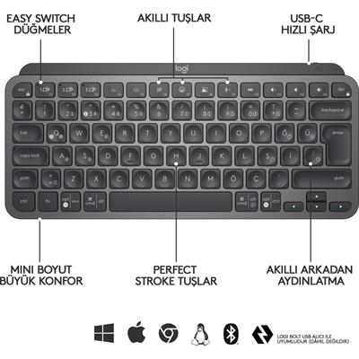 LOGITECH MX KEYS MINI MINIMALIST KABLOSUZ BLUETOOTH AYDINLATMALI Q TR KLAVYE SİYAH 920-010504