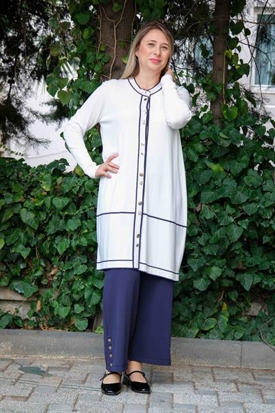 Missa - Rayon Çizgi Bella Takım Beyaz / Lacivert