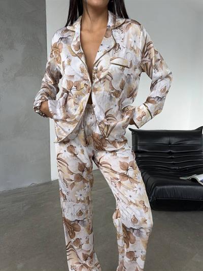 İpek Saten Pijama Kahve Çiçek Desenli