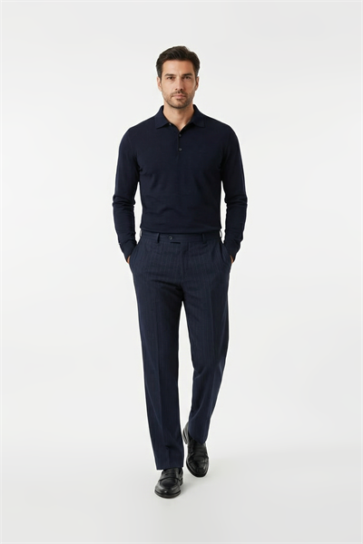 Pleatless Patterned Wool Effect Trousers Navy Blue