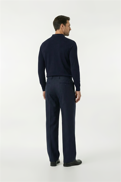 Pleatless Patterned Wool Effect Trousers Navy Blue