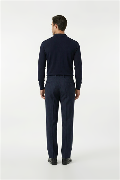 Pleatless Patterned Wool Effect Trousers Navy Blue