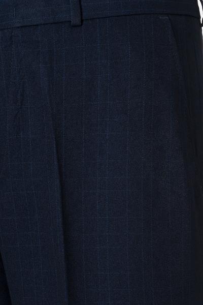 Pleatless Patterned Wool Effect Trousers Navy Blue