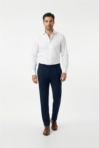 Single Pleated Fabric Trousers, Navy Blue