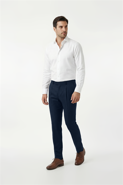 Single Pleated Fabric Trousers, Navy Blue