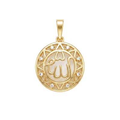 Allah Yazılı Zirkon Taşlı Kolye Ucu - 14k Altın Kaplama - 18 x 26 mm