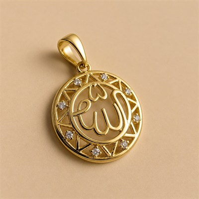 Allah Yazılı Zirkon Taşlı Kolye Ucu - 14k Altın Kaplama - 18 x 26 mm