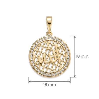 Allah Yazılı Zirkon Taşlı Kolye Ucu  - 14k Altın Kaplama - 18 x 26 mm