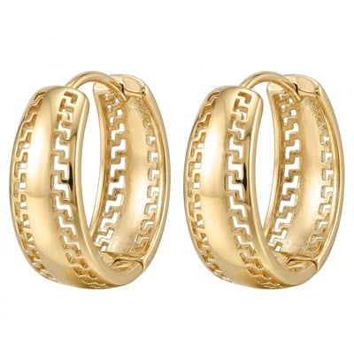 Antik Yunan Desenli Kalın Çelik Halka Küpe  - 14k Altın Kaplama - 18 mm çap