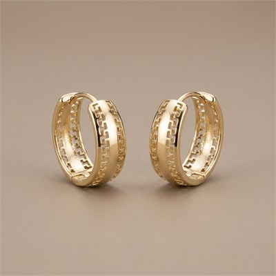 Antik Yunan Desenli Kalın Çelik Halka Küpe  - 14k Altın Kaplama - 18 mm çap