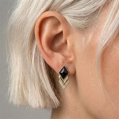 Asimetrik Kare Tasarımlı Siyah Zirkon Küpe - 925 Ayar Gümüş Çivili - 14k Altın Kaplama - 27 mm