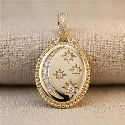 Ay Yıldız Zirkon Taşlı Madalyon Kolye Ucu - 14K Altın Kaplama - 28 mm