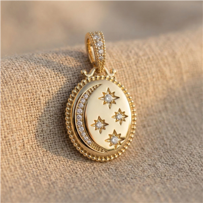 Ay Yıldız Zirkon Taşlı Madalyon Kolye Ucu - 14K Altın Kaplama - 28 mm