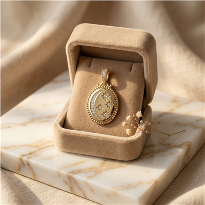 Ay Yıldız Zirkon Taşlı Madalyon Kolye Ucu - 14K Altın Kaplama - 28 mm