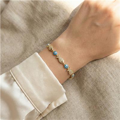 Balık Figürlü Nazar Boncuklu Çelik Bileklik - 14K Altın Kaplama - 16+2 cm