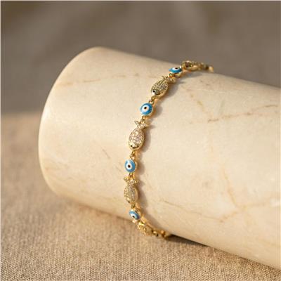 Balık Figürlü Nazar Boncuklu Bileklik - 14k Altın Rengi Kaplama, 16+2 cm