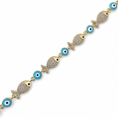 Balık Figürlü Nazar Boncuklu Çelik Bileklik - 14K Altın Kaplama - 16+2 cm