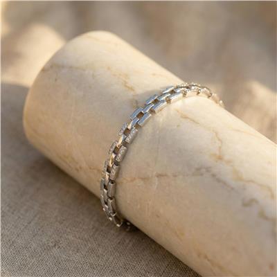 Çift Sıra Taş Detaylı Zincir Çelik Bileklik - Beyaz Altın Kaplama - 17+2 cm