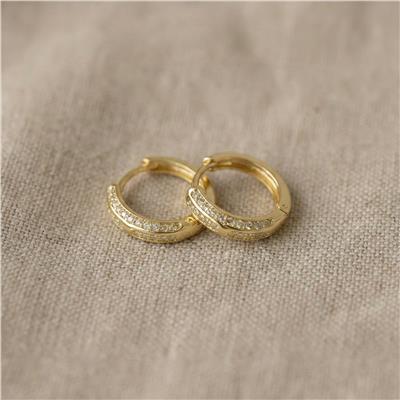 Çift Sıra Zirkon Taşlı Halka Küpe - 14K Altın Kaplama - 15 mm çap
