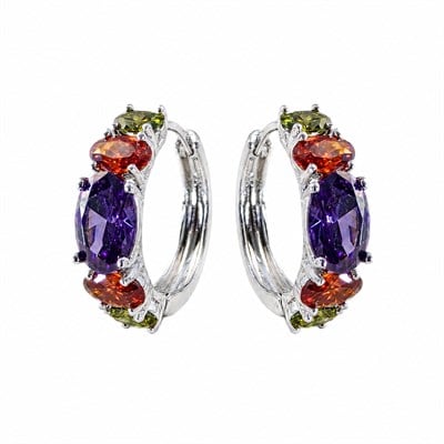 Çok Renkli Zirkon Taşlı Halka Küpe  - Beyaz Altın Kaplama - 18 mm çap