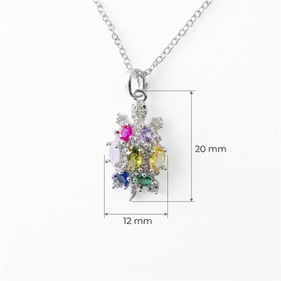 Çok Renkli Zirkon Taşlı Kaplumbağa Çelik Kolye Ucu  - Gümüş Rengi Kaplama - 12 x 27 mm - (40+5 cm Çelik Zincir Hediyeli)