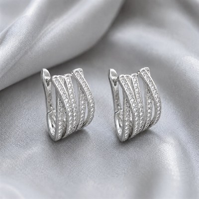 Dalgalı Şeritli Zirkon Taşlı Küpe - Beyaz Altın Kaplama - 19 mm