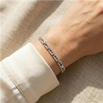 Dikdörtgen Halkalı Taşlı Çelik Bileklik - Beyaz Altın Kaplama - 17+2 cm