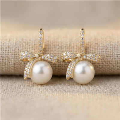 Fiyonk & İnci Detaylı Halka Küpe - 14K Altın Kaplama - 1.5 cm