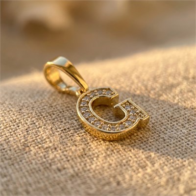 G Harfi Zirkon Taşlı Minimal Kolye Ucu  - 14k Altın Kaplama - 8 x 18 mm
