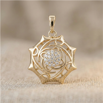 Geometrik Desenli Zirkon Taşlı Kolye Ucu - 14K Altın Kaplama - 28 mm
