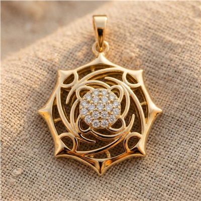 Geometrik Desenli Zirkon Taşlı Kolye Ucu - 14K Altın Kaplama - 28 mm