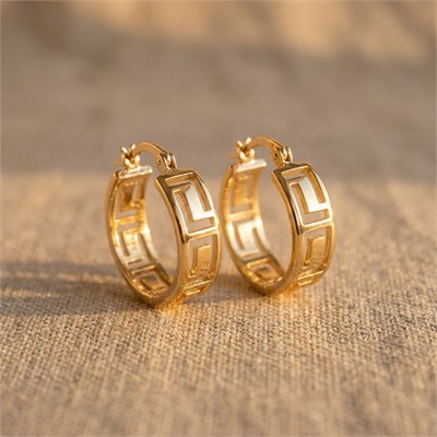 Grek Desenli Çelik Halka Küpe  - 14k Altın Kaplama - 20 mm çap