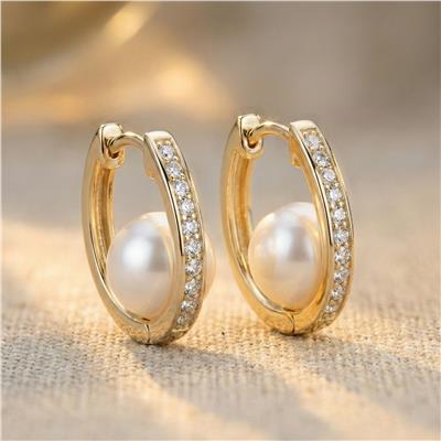 İnci Taşlı Halka Küpe - 14K Altın Kaplama - 21 mm